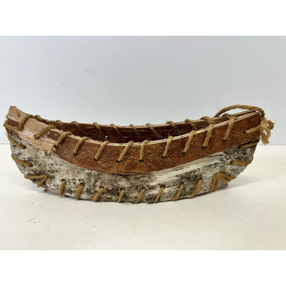 Vintage Rustic Toy Birch Bark Canoe 8" Long Hand Made - Picture 7 of 11